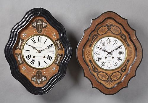 Two French Inlaid Wall Clocks, 19th c., time and s