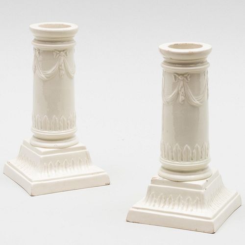 Pair of Creamware Columnar Candlesticks, Probably English