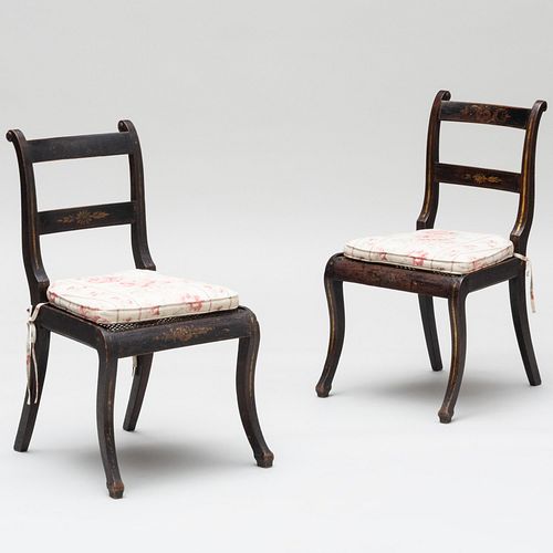 Pair of Regency Faux Rosewood Painted, Stenciled Gilt Decorated and Caned Side Chairs