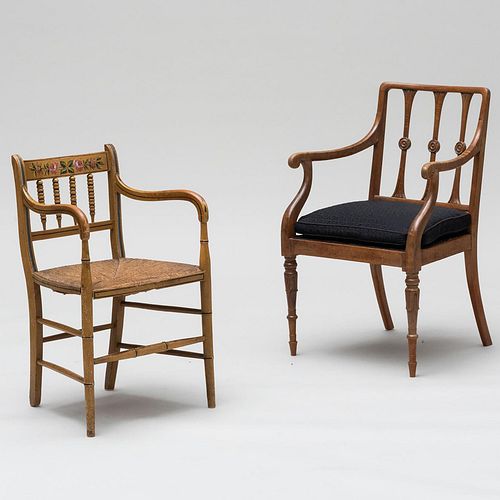 Regency Painted Armchair with Rush Seat with a Regency Carved Maple Armchair