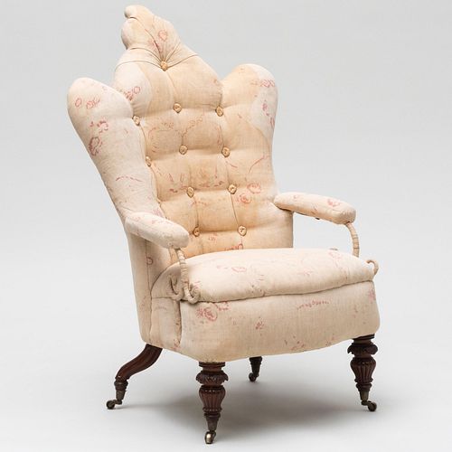 Victorian Carved Mahogany and Tufted Linen Upholstered Armchair