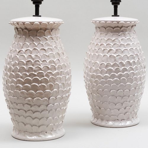 Pair of Ovoid White Glazed Pottery Thumbprint Lamps