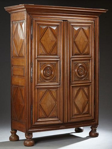 French Louis XIII Style Carved Elm Armoire, early