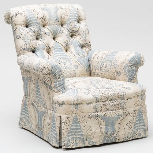 Blue, White and Grey Linen Tufted Upholstered Club Chair