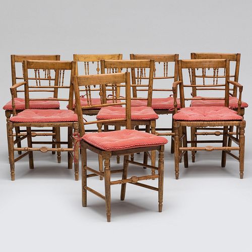 Set of Six English Painted Elm and Rush Seat Side Chairs 