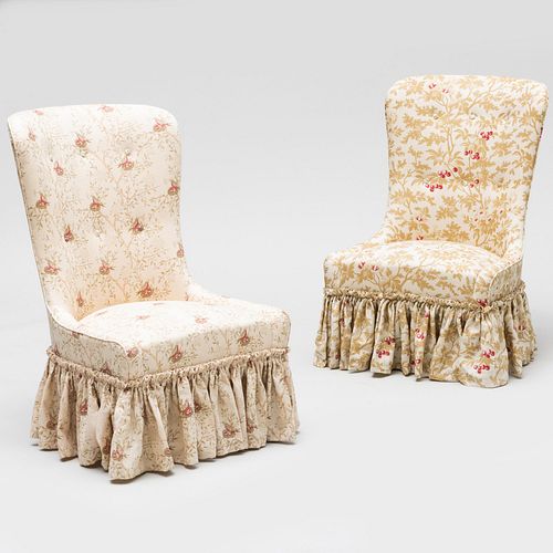 Two Similar Victorian Style Printed Linen Upholstered Slipper Chairs