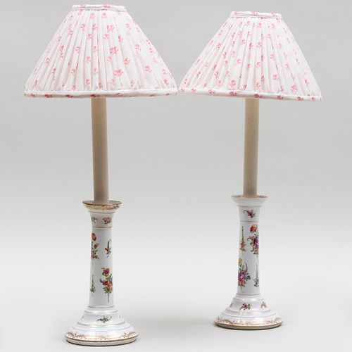Pair of Porcelain Candlestick Lamps with Custom Shades