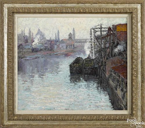Katharine Farrell (American 1857-1951), oil on canvas industrial river scene