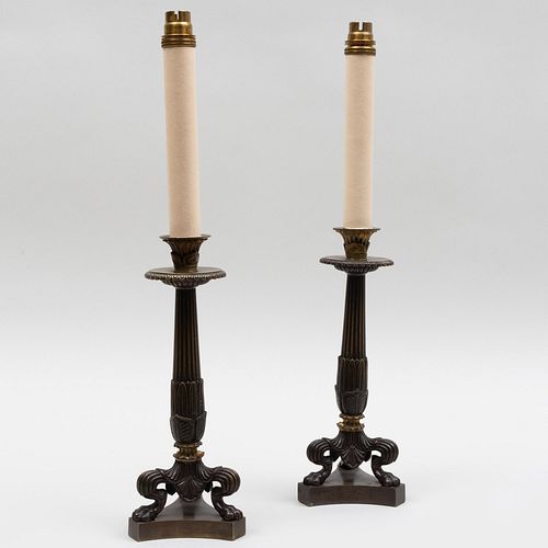 Pair of Small Neoclassical Parcel-Gilt Candlestick Lamps