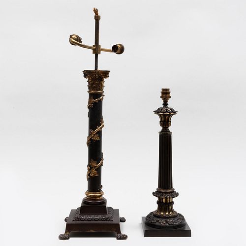 Two Neoclassical Parcel-Gilt Columnar Lamps