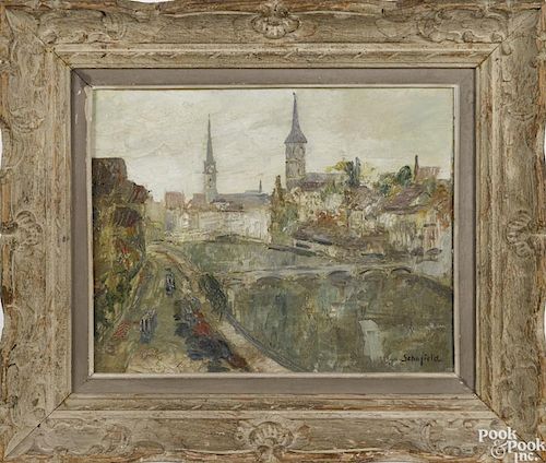 Walter Schofield (American 1866-1944), oil on board Parisian view of the Seine, signed lower right