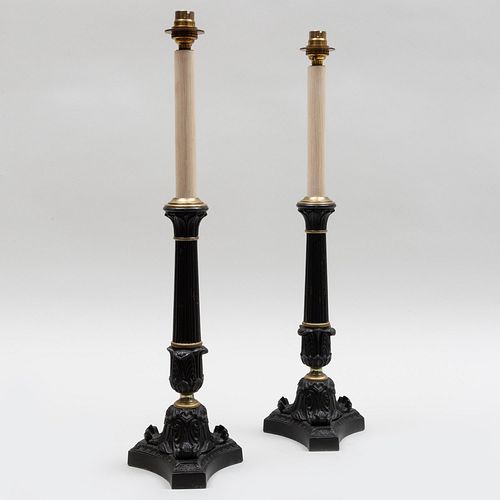 Pair of Large Neoclassical Parcel Gilt Candlestick Lamps