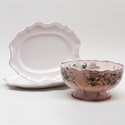 English Transfer Printed 'Berlin Chaplet' Punch Bowl and One Italian Oval Serving Platter