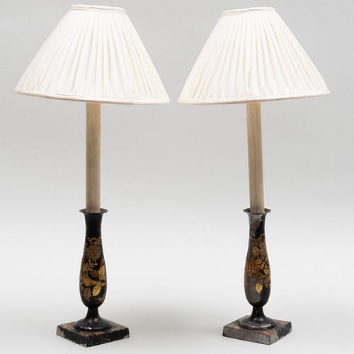 Pair of Tole Candlestick Lamps with Custom Shades