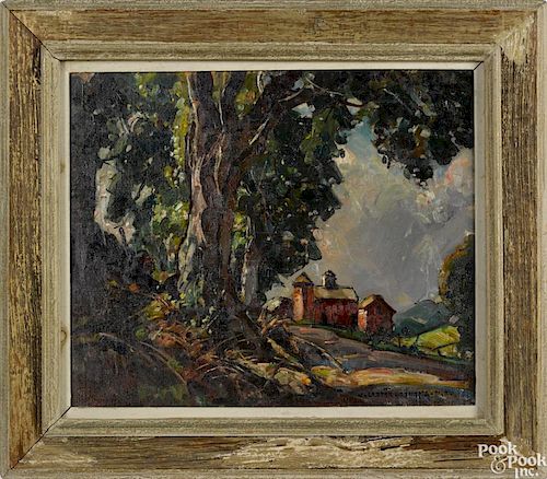 William Lester Stevens (American 1888-1969), oil on board landscape with a farm, signed