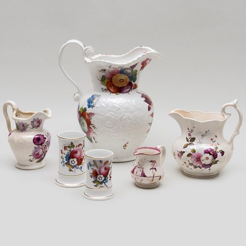 Group of Four English Porcelain Pitchers and a Pair of Spill Vases