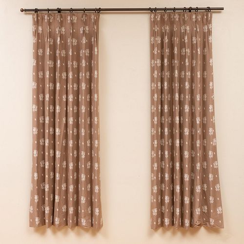 Large Group of Brown and Cream Embroidered Linen Curtains