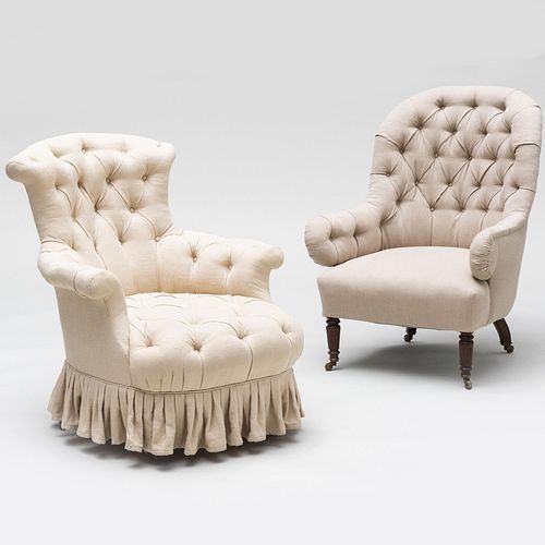 Two English Tufted Linen Upholstered Armchairs