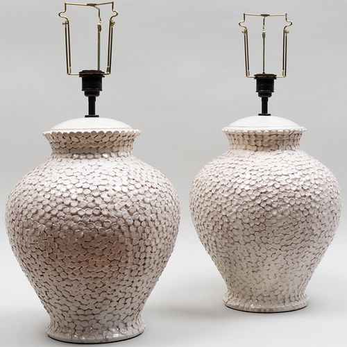 Pair of Large Ovoid White Glazed Pottery Thumbprint Lamps