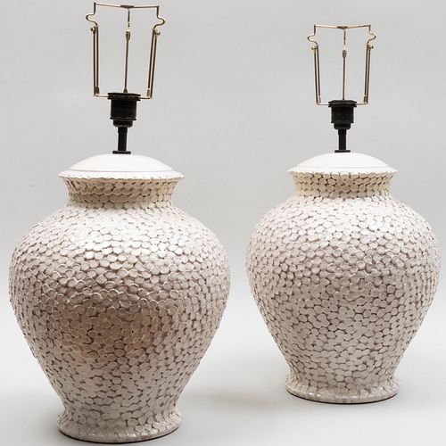 Pair of Large Ovoid White Glazed Pottery Thumbprint Lamps