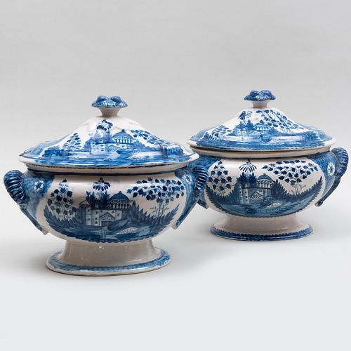 Pair of Delft Style Blue and White Tureens and Covers