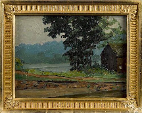 Richard Evett Bishop (American 1887-1975), oil on board, titled Landscape-New Hope, PA, signed