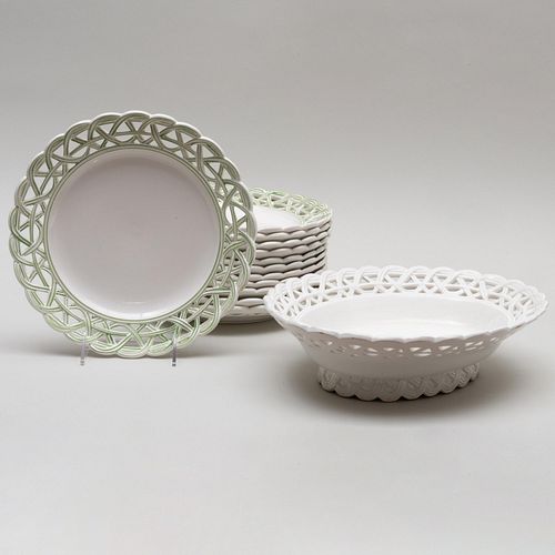 Set of Twelve Este Reticulated Ceramic Plates and a Compote