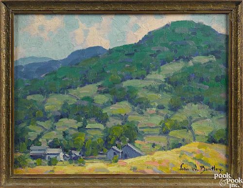 John W. Bentley (American 1880-1951), oil on board landscape, titled Evergreen Mountain
