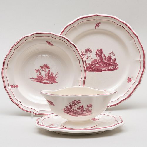 Gien Puce Decorated Porcelain Part Service in the 'Paysages Roses' Pattern