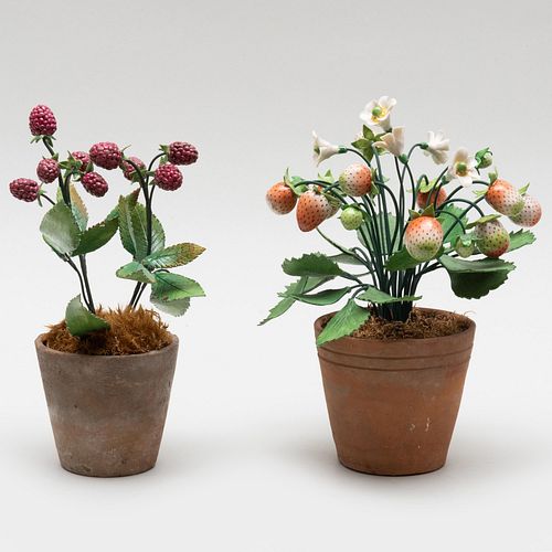 Porcelain and Tole Models of Potted Strawberries and Raspberries