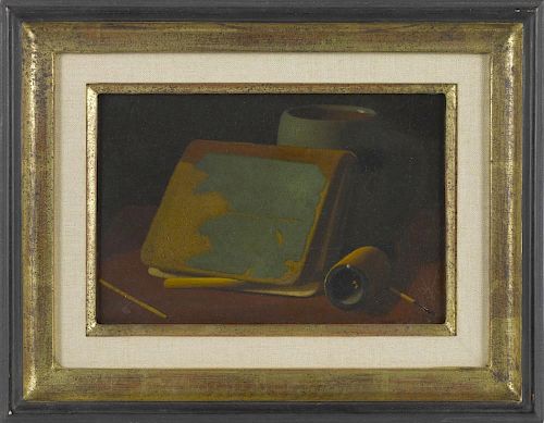 John Frederick Peto (American 1854-1907), oil on board still life with a book and pipe, signed
