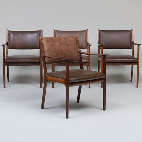 Set of Four Ole Wanscher for A. J. Iversen Rosewood and Faux Ostrich Leather Arm Chairs