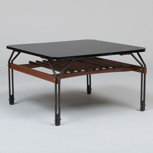 Gianfranco Frattini Oak, Metal and Black Lacquer Low Table