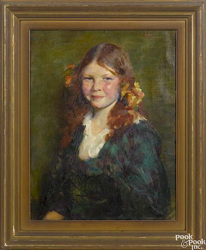 William Cotton (American 1880-1958), oil on canvas portrait of a young girl, signed middle right