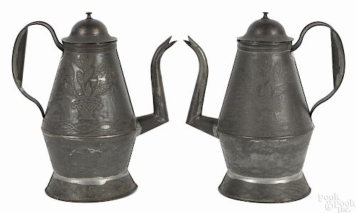 Pair of Bucks County, Pennsylvania tin wrigglework coffee pots, ca. 1850, stamped J. Ketterer