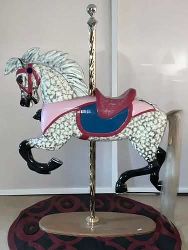 FULL SIZED WOODEN CARVED CAROUSEL HORSE.