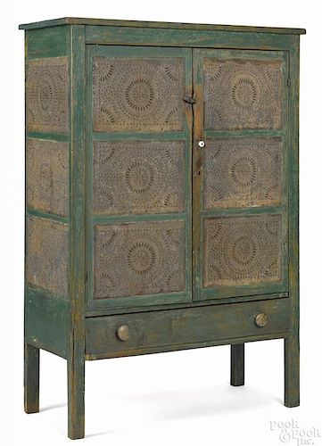 Mid-Atlantic painted pine pie safe, 19th c., with punched tin panels