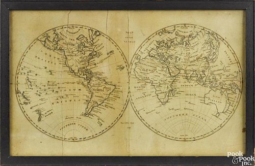 Ink and watercolor Map of the World, signed Mary Hopkins Flagg 1818, 15'' x 24 1/2''.