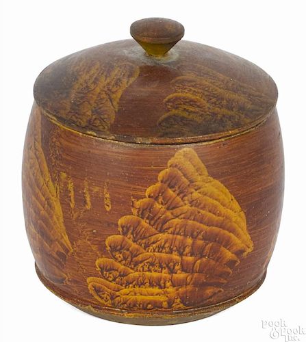 Pennsylvania turned and painted poplar canister, 19th c., retaining its original yellow and orange