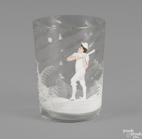 Mary Gregory polychrome enamel glass tumbler with a rare scene of a baseball player, 3 3/4'' h.