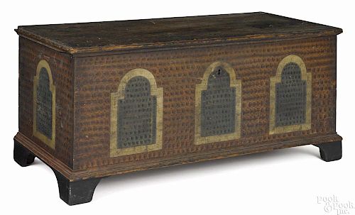 Matched pair of Lebanon County, Pennsylvania painted pine dower chests, ca. 1800