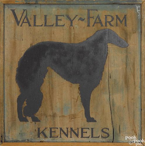 Painted pine double-sided trade sign for Valley Farm Kennels, featuring a Russian wolfhound