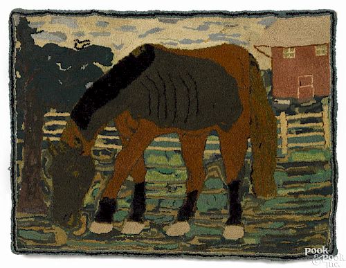 American hooked rug of a horse, early 20th c., 37'' x 49''.
