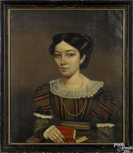 New England oil on canvas folk portrait of Nancy Nolen, born 1806 to George and Esther Nolen