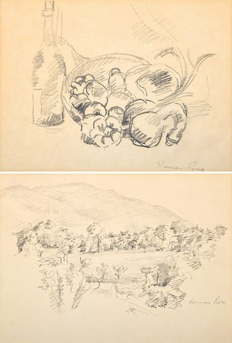 2 Herman Rose Drawings, Still Life & Landscape
