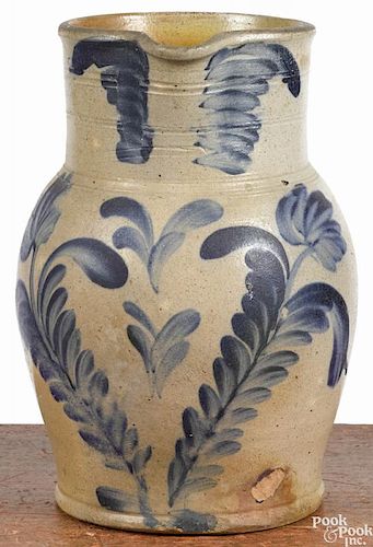 Pennsylvania stoneware pitcher, 19th c., attributed to Remmey, with cobalt tulip decoration