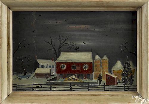 David Y. Ellinger (American 1913-2003), oil on canvas, titled Snow To Nite, signed lower left