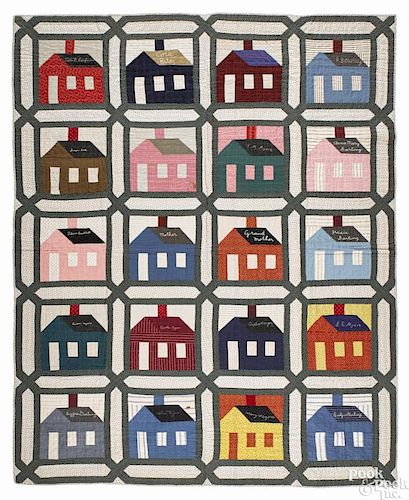 Schoolhouse friendship quilt, early 20th c., bearing the family names of Garling and Myers