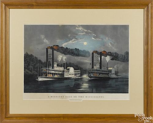 Currier & Ives color lithograph, titled A Midnight Race on the Mississippi, pub. 1860