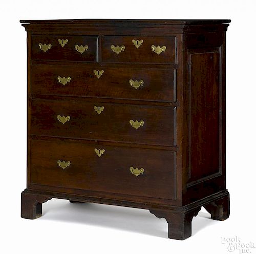 Pennsylvania Queen Anne walnut chest of drawers, ca. 1740, with raised panel sides, 44'' h.